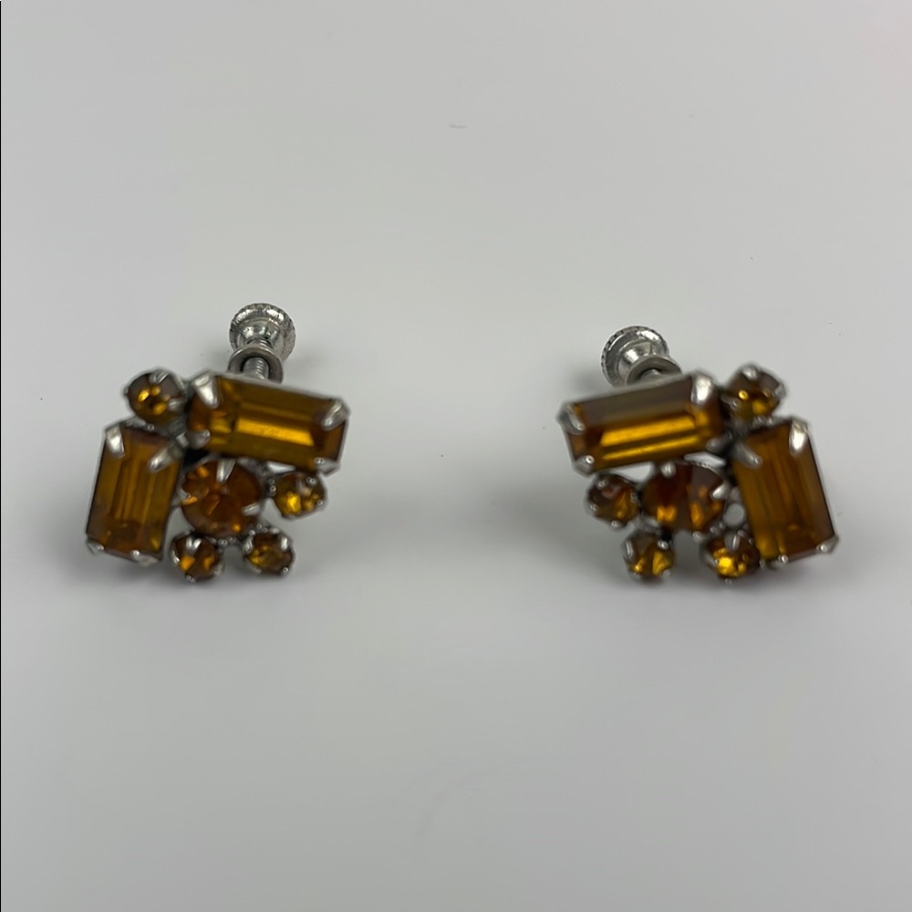 Vintage Costume Jewelry Amber Crystal Clip On Earrings